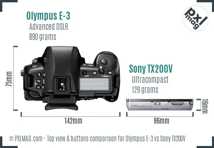 Olympus E-3 vs Sony TX200V top view buttons comparison