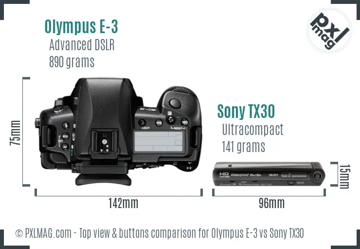 Olympus E-3 vs Sony TX30 top view buttons comparison Olympus E-3 vs Sony TX30 top view buttons comparison