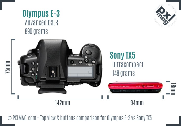 Olympus E-3 vs Sony TX5 top view buttons comparison
