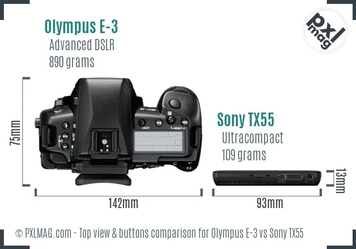 Olympus E-3 vs Sony TX55 top view buttons comparison