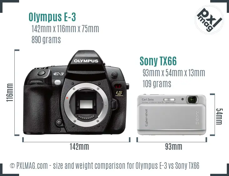 Olympus E-3 vs Sony TX66 size comparison