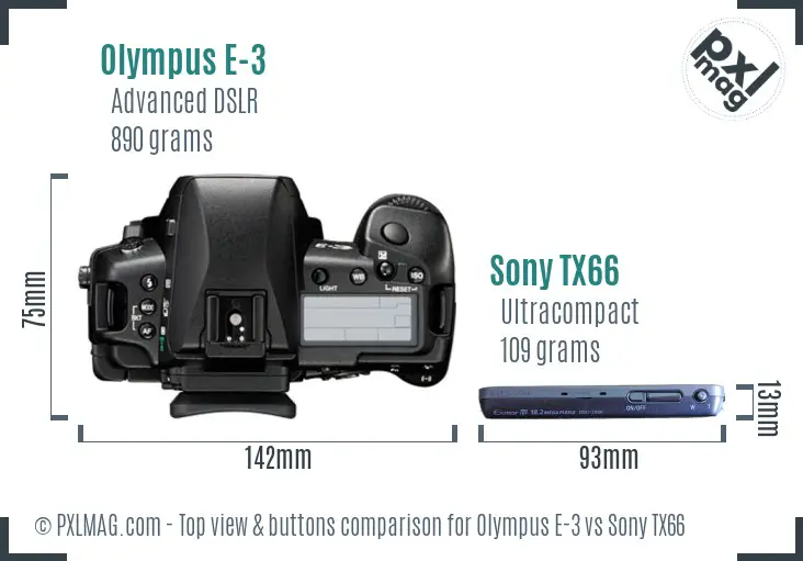 Olympus E-3 vs Sony TX66 top view buttons comparison