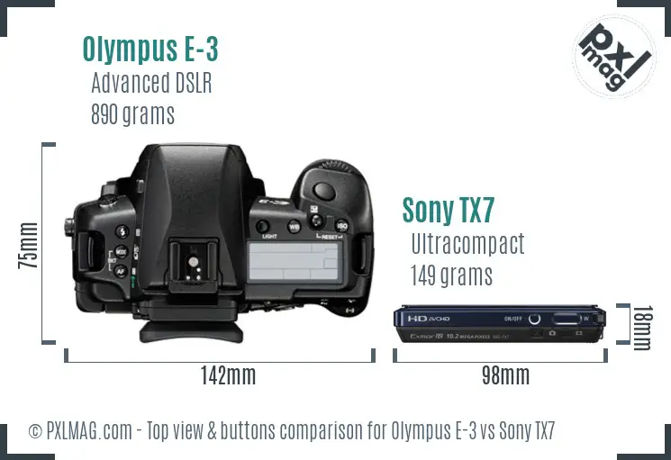 Olympus E-3 vs Sony TX7 top view buttons comparison