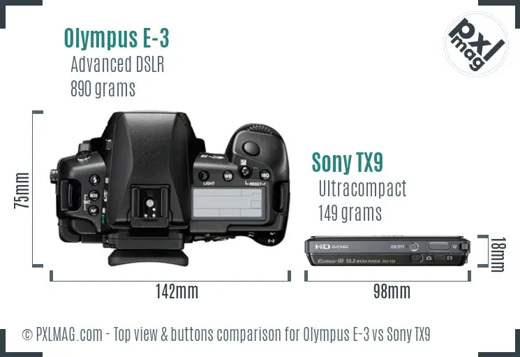 Olympus E-3 vs Sony TX9 top view buttons comparison Olympus E-3 vs Sony TX9 top view buttons comparison