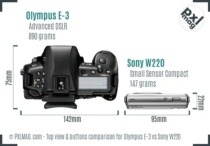 Olympus E-3 vs Sony W220 top view buttons comparison Olympus E-3 vs Sony W220 top view buttons comparison