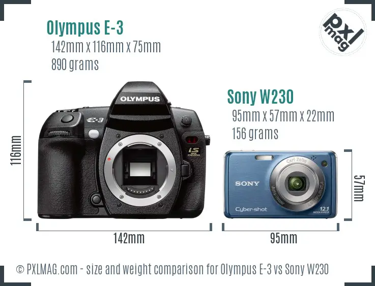 Olympus E-3 vs Sony W230 size comparison Olympus E-3 vs Sony W230 size comparison
