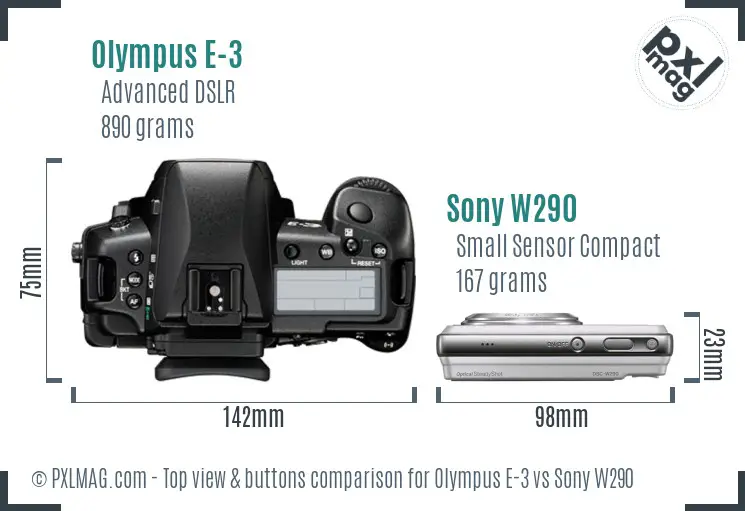 Olympus E-3 vs Sony W290 top view buttons comparison Olympus E-3 vs Sony W290 top view buttons comparison