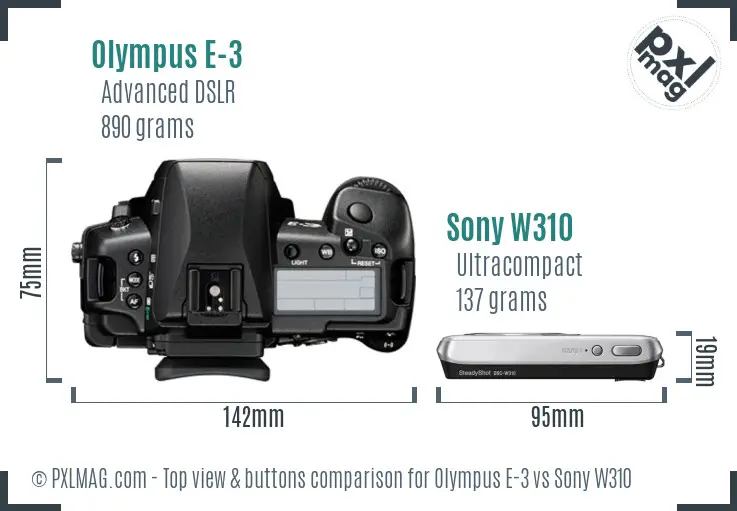 Olympus E-3 vs Sony W310 top view buttons comparison