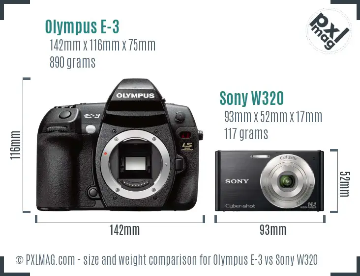 Olympus E-3 vs Sony W320 size comparison