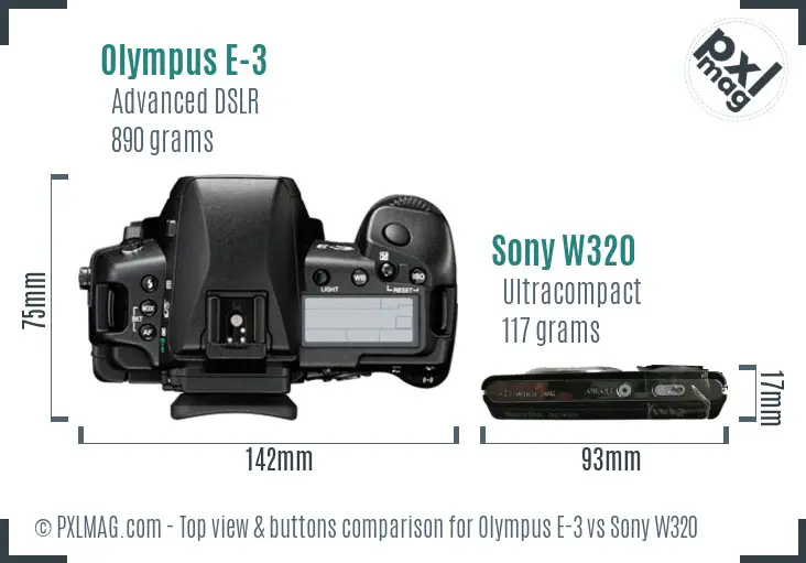 Olympus E-3 vs Sony W320 top view buttons comparison