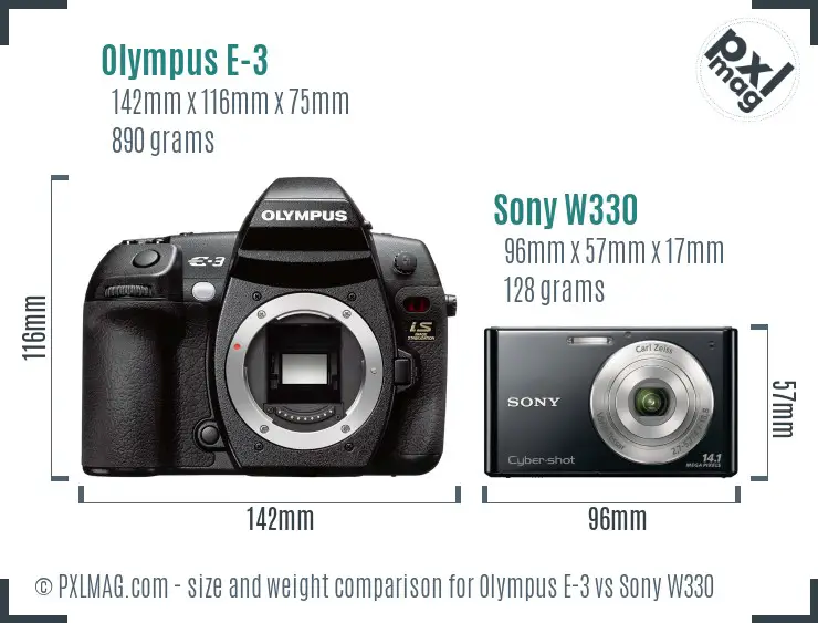 Olympus E-3 vs Sony W330 size comparison