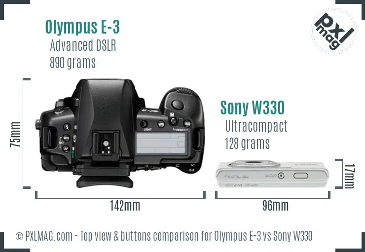 Olympus E-3 vs Sony W330 top view buttons comparison