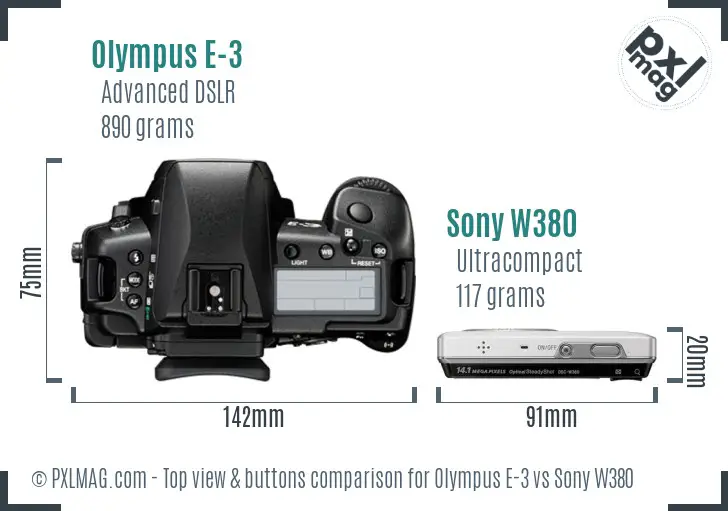 Olympus E-3 vs Sony W380 top view buttons comparison Olympus E-3 vs Sony W380 top view buttons comparison