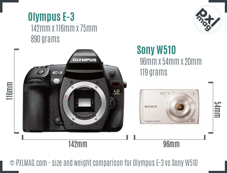 Olympus E-3 vs Sony W510 size comparison