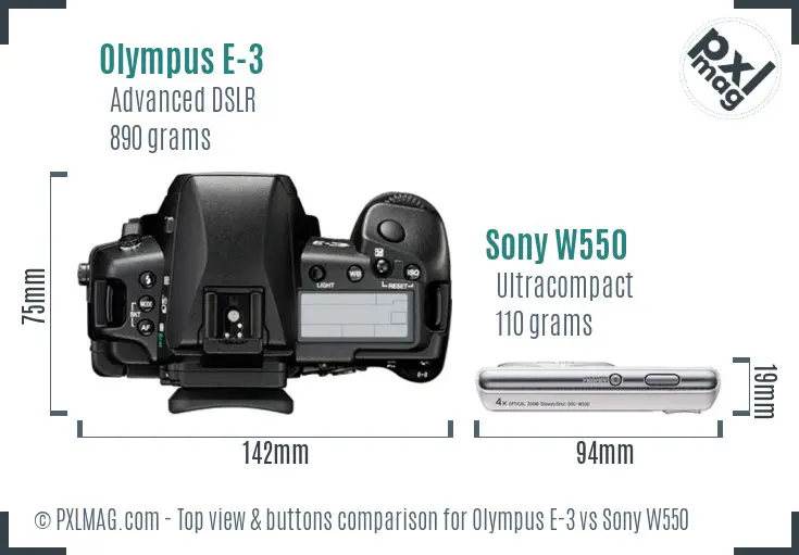 Olympus E-3 vs Sony W550 top view buttons comparison
