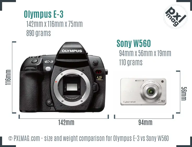 Olympus E-3 vs Sony W560 size comparison