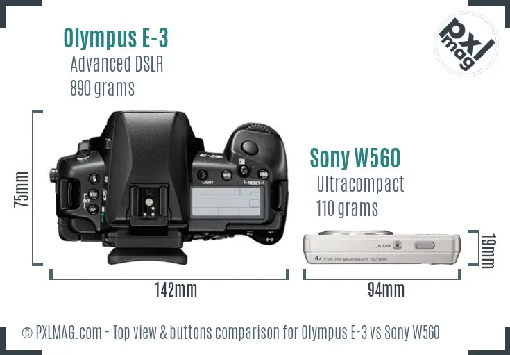 Olympus E-3 vs Sony W560 top view buttons comparison