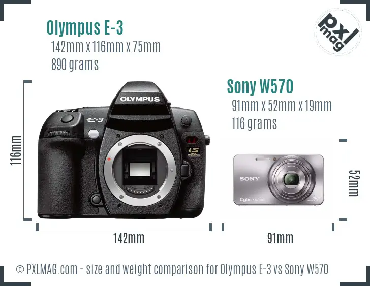 Olympus E-3 vs Sony W570 size comparison