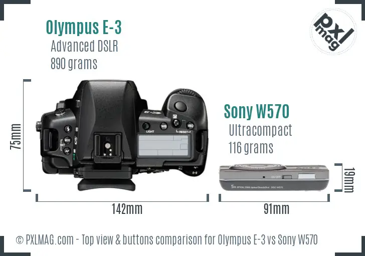 Olympus E-3 vs Sony W570 top view buttons comparison