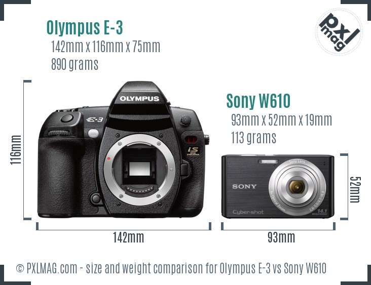 Olympus E-3 vs Sony W610 size comparison