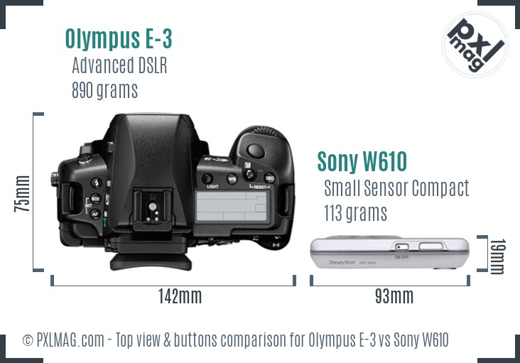 Olympus E-3 vs Sony W610 top view buttons comparison