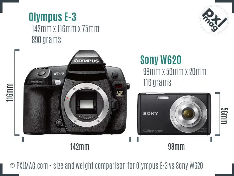 Olympus E-3 vs Sony W620 size comparison