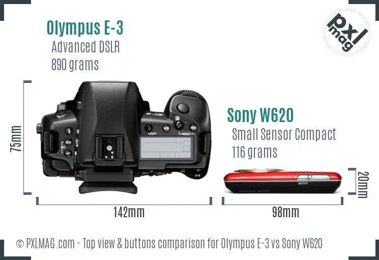 Olympus E-3 vs Sony W620 top view buttons comparison