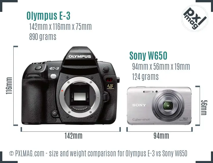 Olympus E-3 vs Sony W650 size comparison