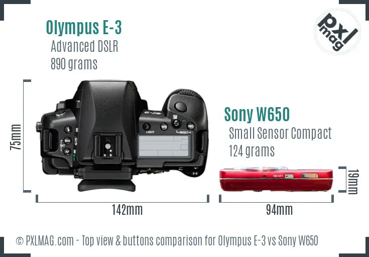 Olympus E-3 vs Sony W650 top view buttons comparison