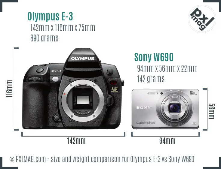 Olympus E-3 vs Sony W690 size comparison