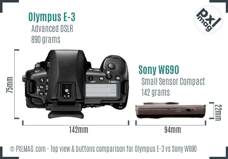 Olympus E-3 vs Sony W690 top view buttons comparison