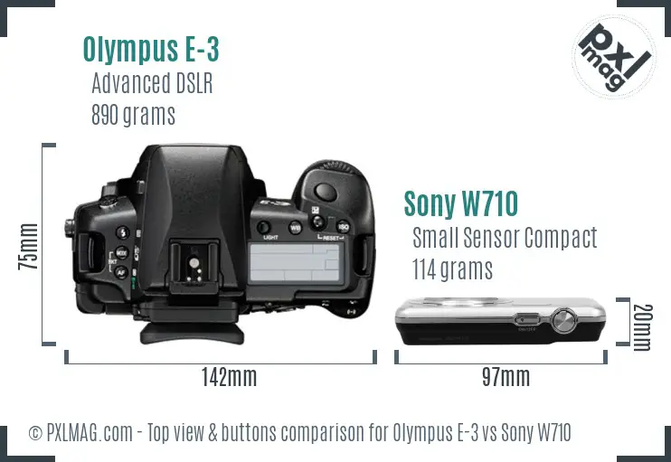 Olympus E-3 vs Sony W710 top view buttons comparison
