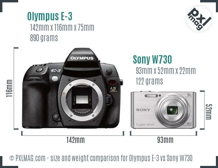 Olympus E-3 vs Sony W730 size comparison