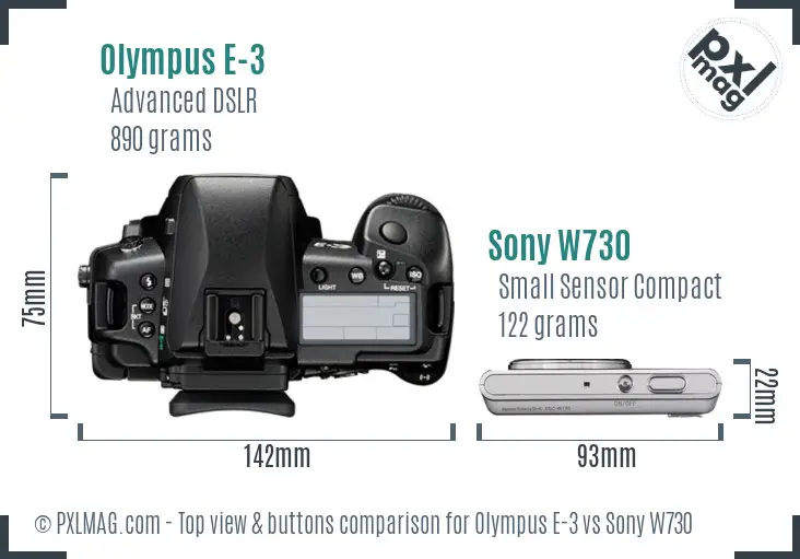 Olympus E-3 vs Sony W730 top view buttons comparison