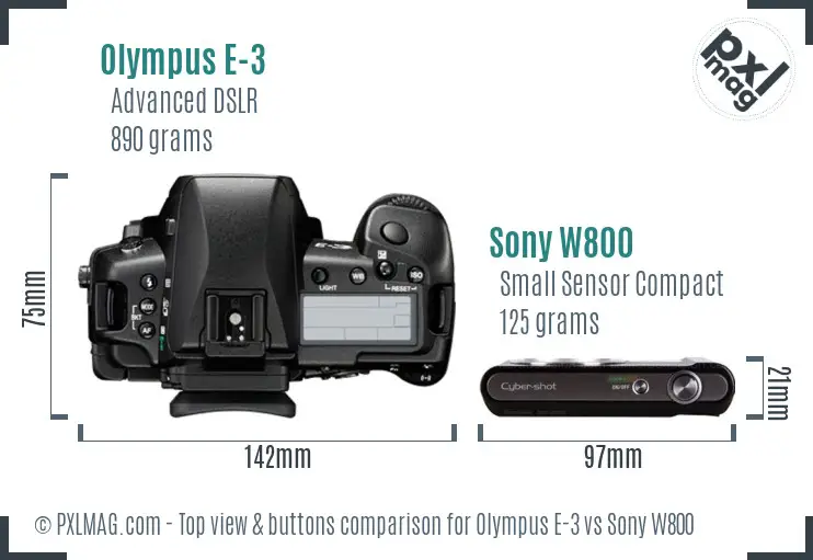 Olympus E-3 vs Sony W800 top view buttons comparison