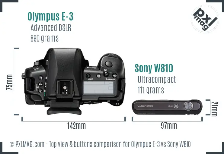 Olympus E-3 vs Sony W810 top view buttons comparison