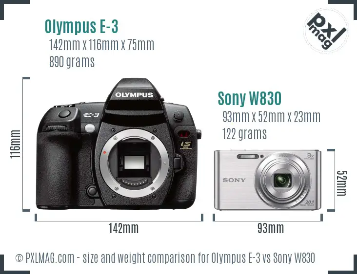 Olympus E-3 vs Sony W830 size comparison