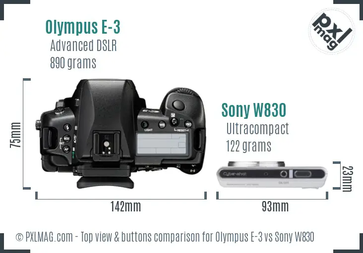 Olympus E-3 vs Sony W830 top view buttons comparison