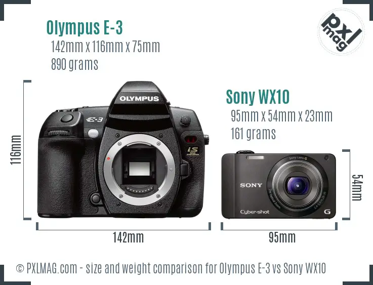 Olympus E-3 vs Sony WX10 size comparison
