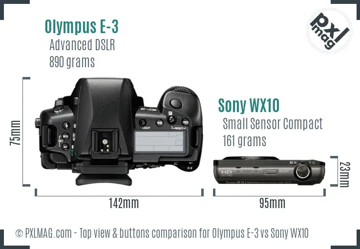 Olympus E-3 vs Sony WX10 top view buttons comparison