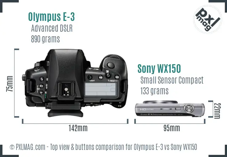 Olympus E-3 vs Sony WX150 top view buttons comparison