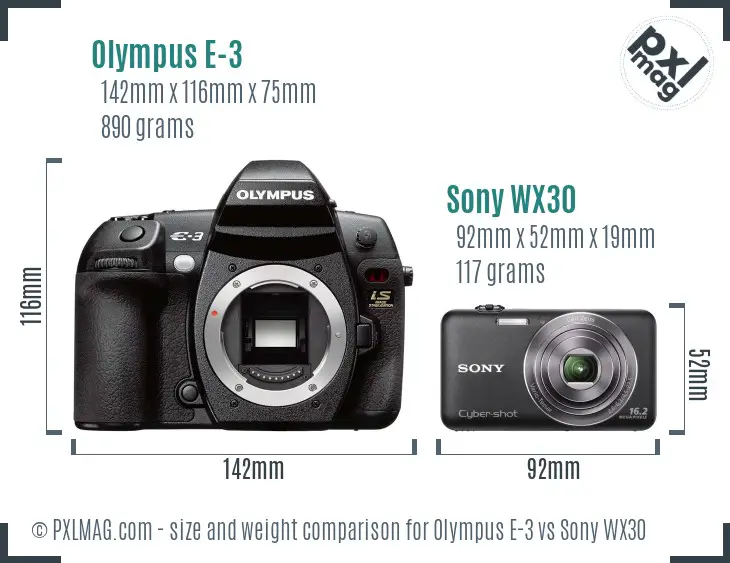 Olympus E-3 vs Sony WX30 size comparison