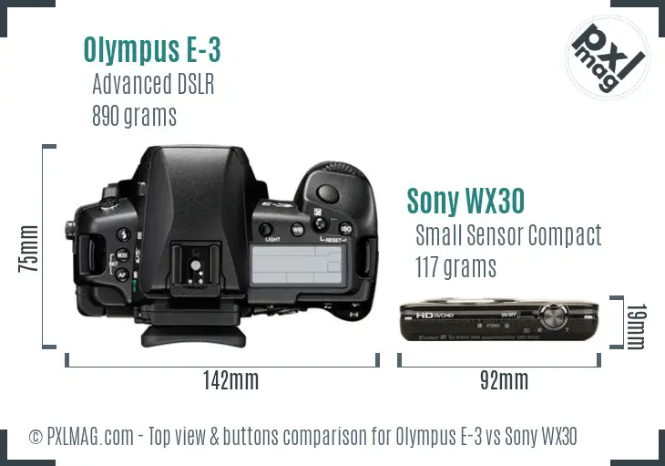 Olympus E-3 vs Sony WX30 top view buttons comparison
