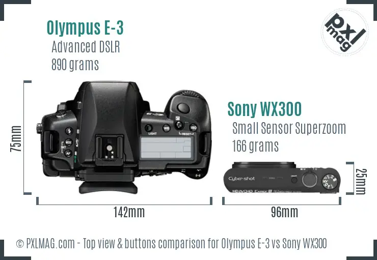 Olympus E-3 vs Sony WX300 top view buttons comparison