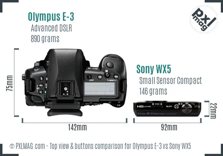 Olympus E-3 vs Sony WX5 top view buttons comparison