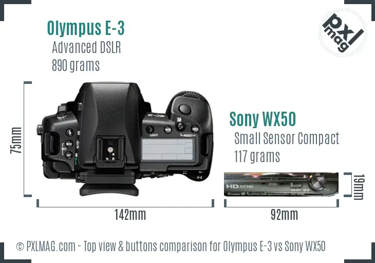 Olympus E-3 vs Sony WX50 top view buttons comparison