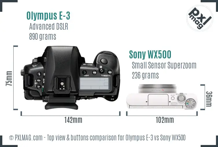 Olympus E-3 vs Sony WX500 top view buttons comparison