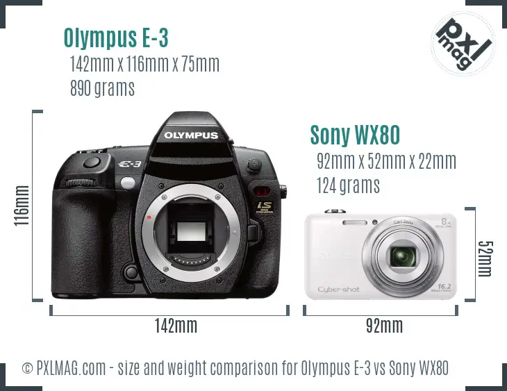 Olympus E-3 vs Sony WX80 size comparison