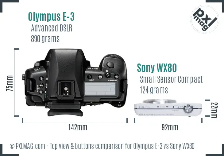 Olympus E-3 vs Sony WX80 top view buttons comparison