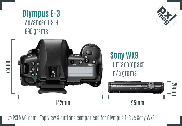 Olympus E-3 vs Sony WX9 top view buttons comparison